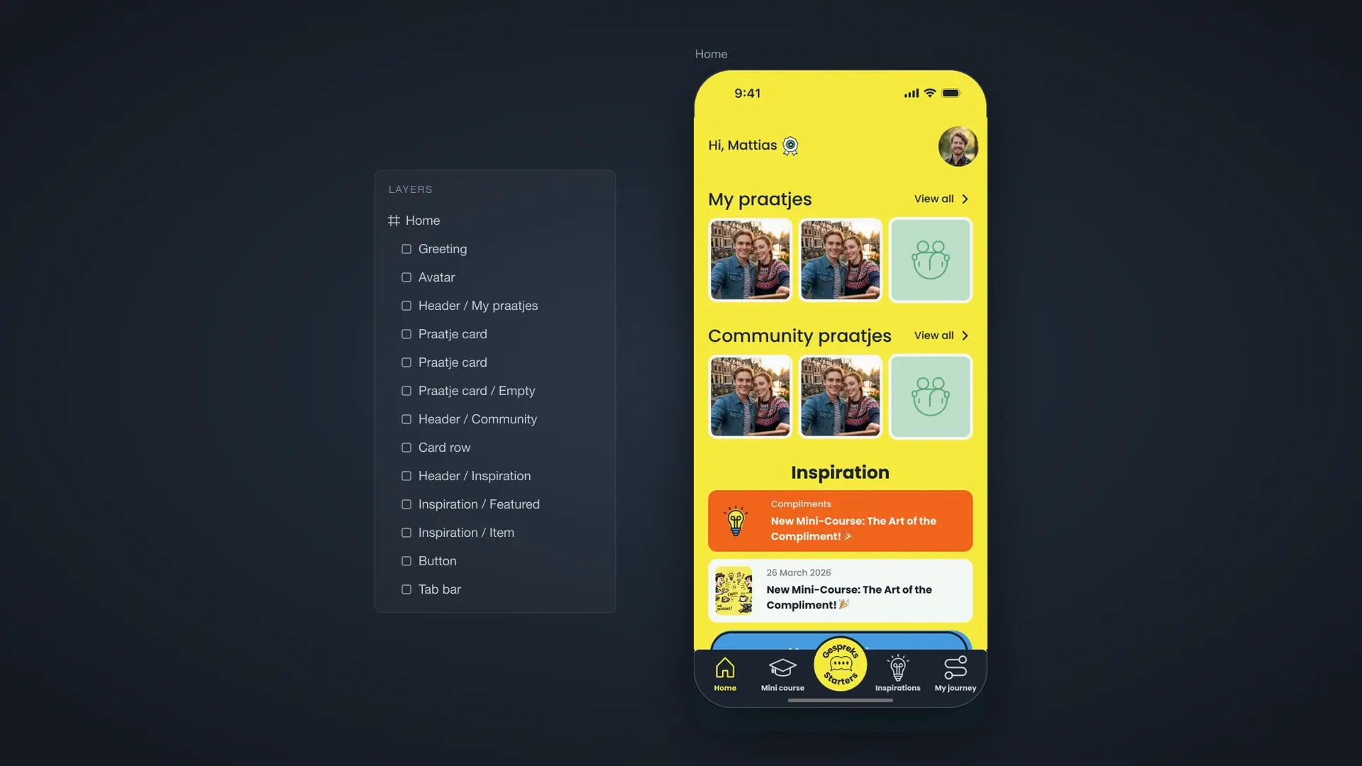 The Praatje home screen as a finished Figma frame named Home, beside a layers panel listing its parts: greeting, avatar, praatje cards, inspiration cards and tab bar