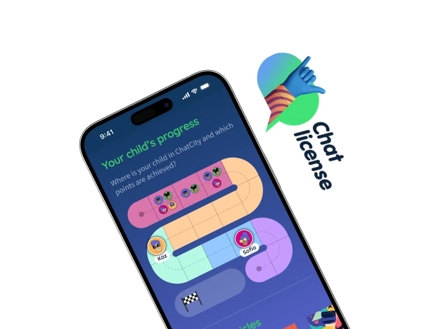 The ChatLicense app on a phone showing a colourful progress track, next to the ChatLicense logo