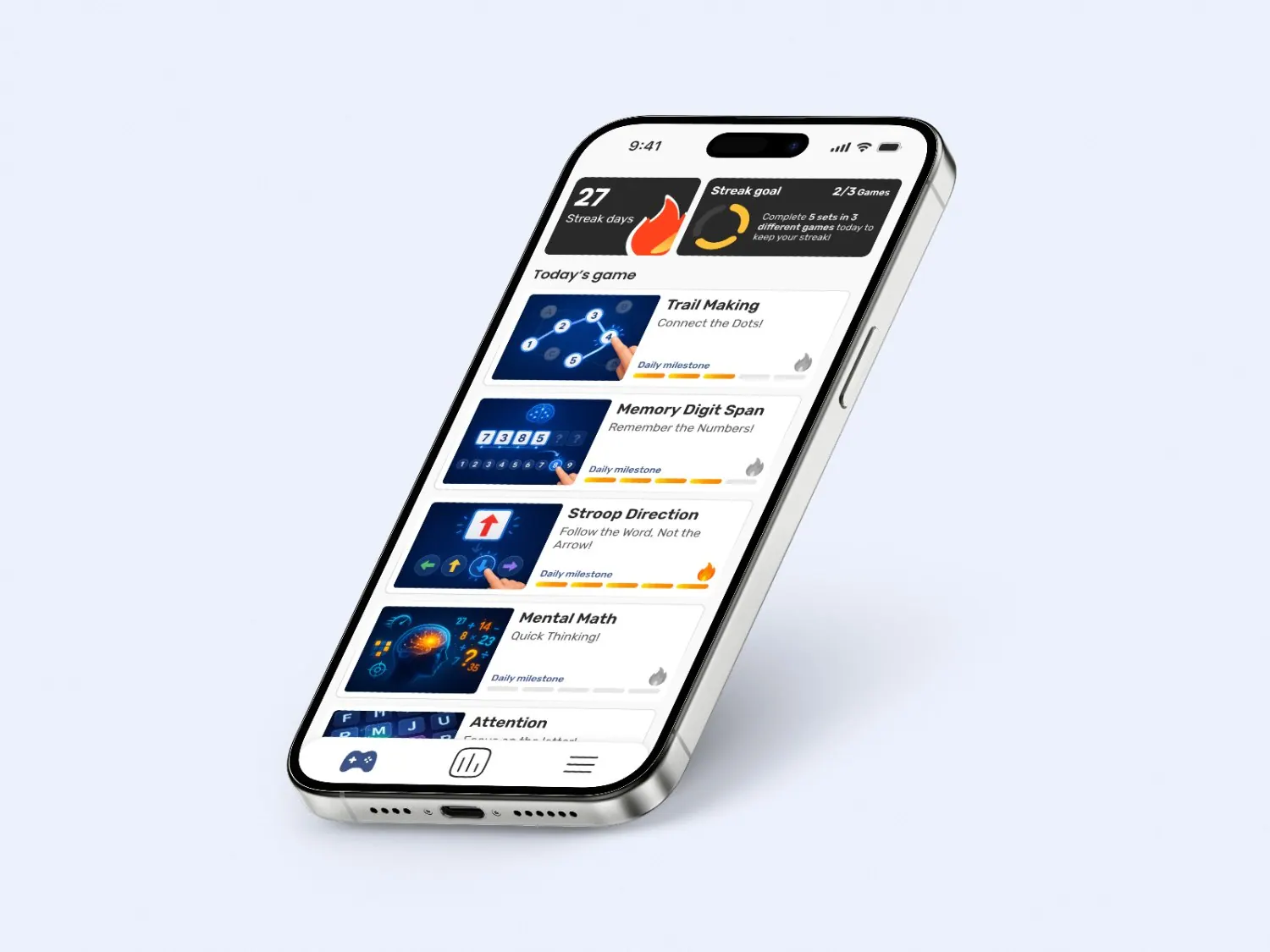 The Cognify app shown on a phone, with a daily brain-training session in progress