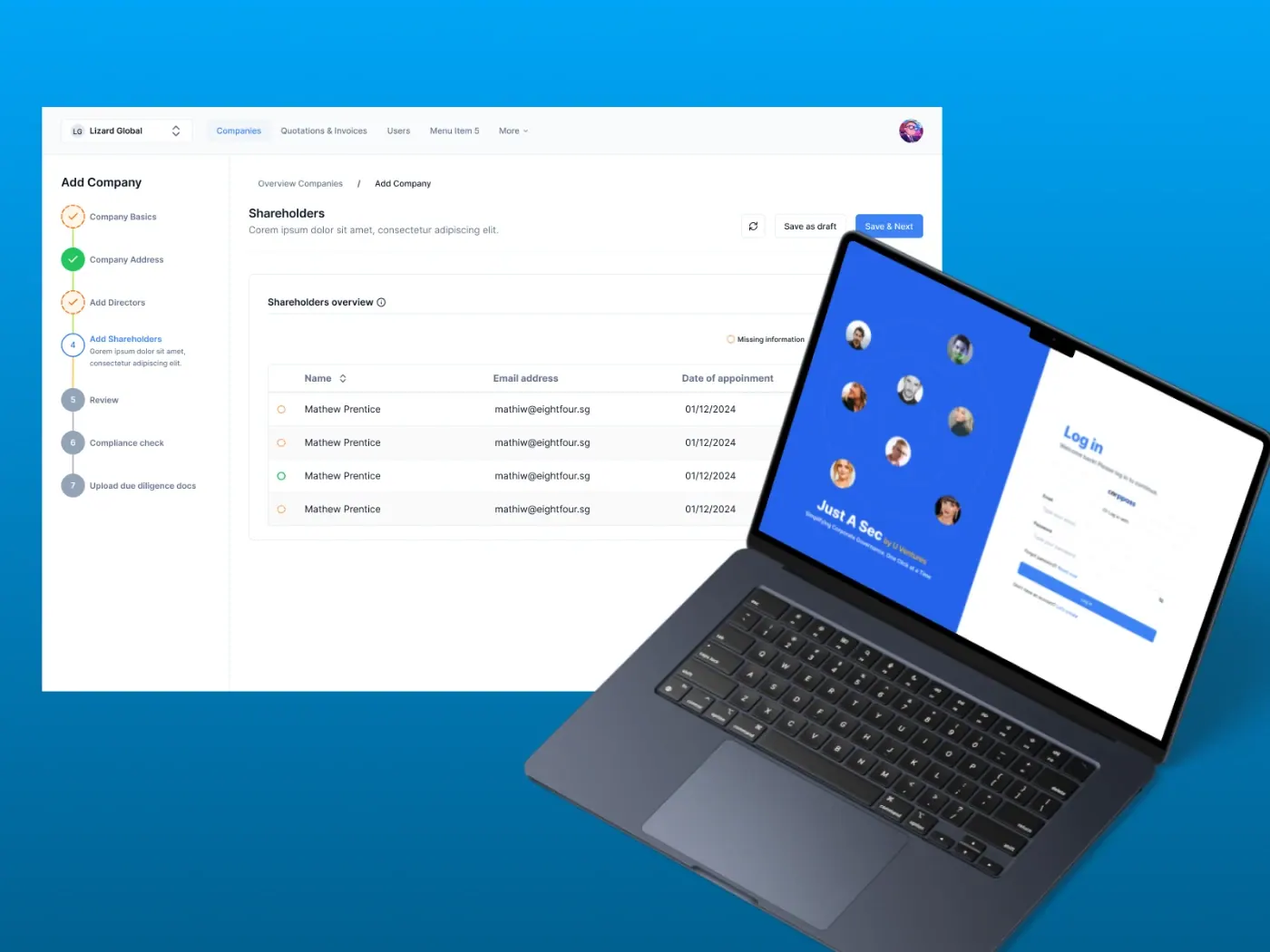 The Just A Sec platform on a laptop, showing a client company record with a shareholder list