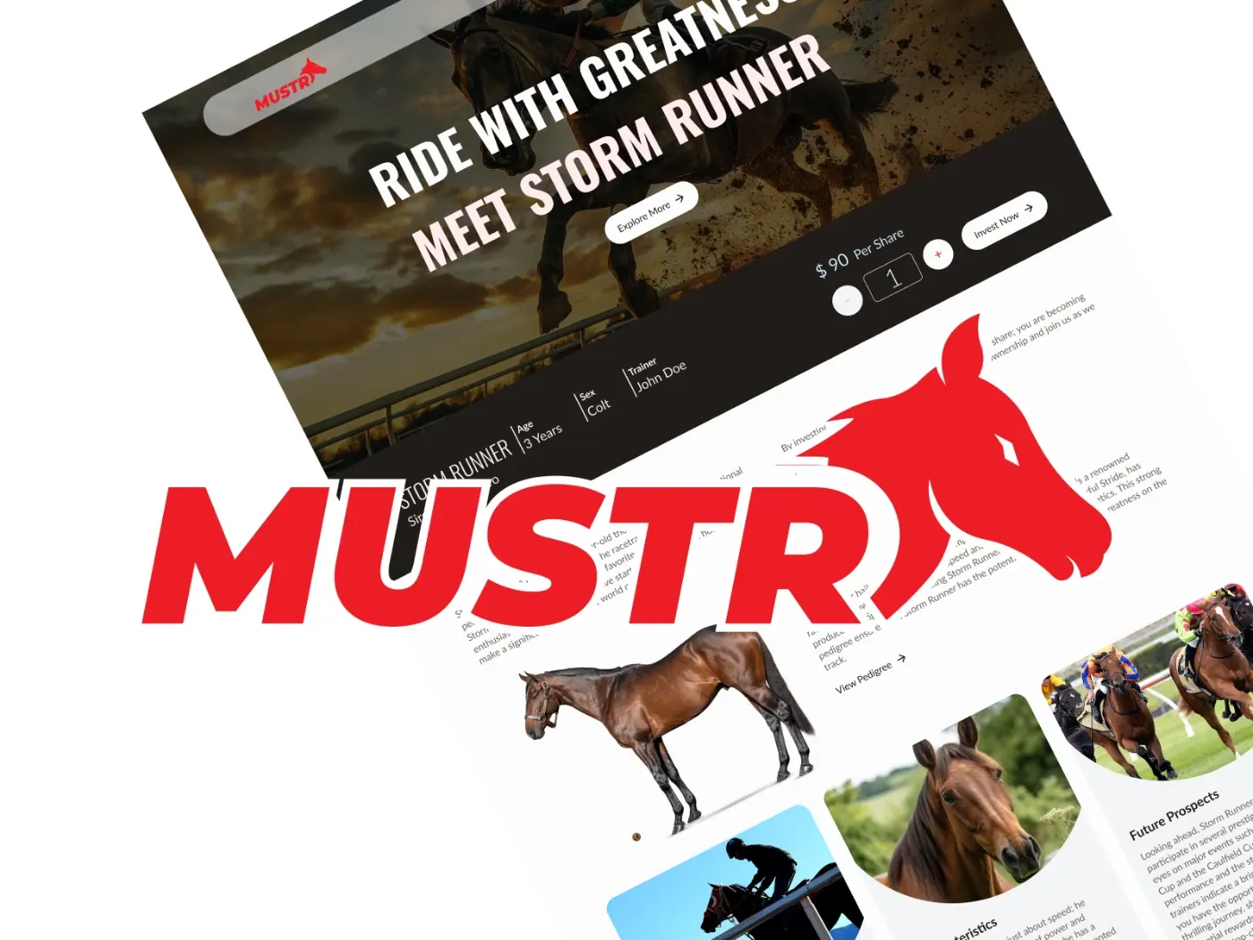 The MUSTR website shown on a laptop, with a Storm Runner feature banner above a grid of horse and owner updates