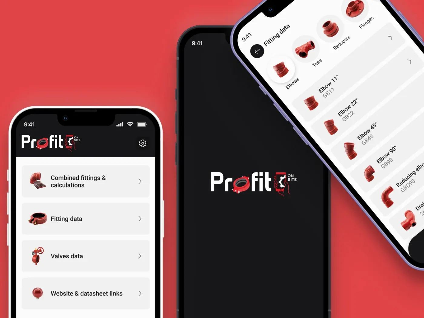 Two phones showing the Profit app, one with a product category menu and one with a fittings catalogue