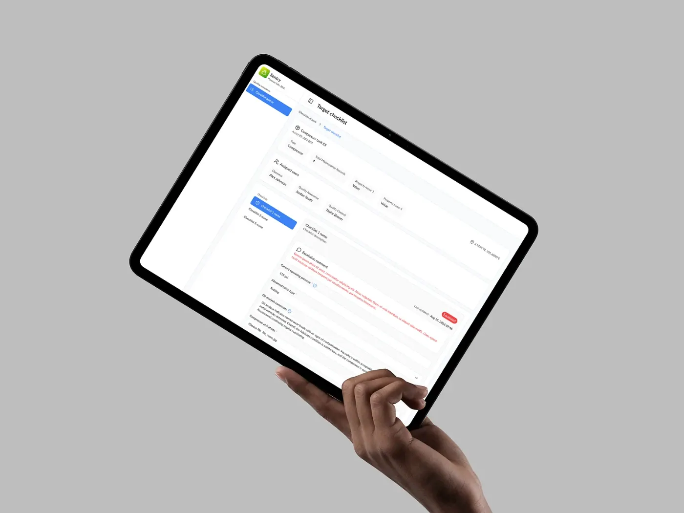 A hand holding a tablet running Sentry, showing a maintenance task form with flagged entries
