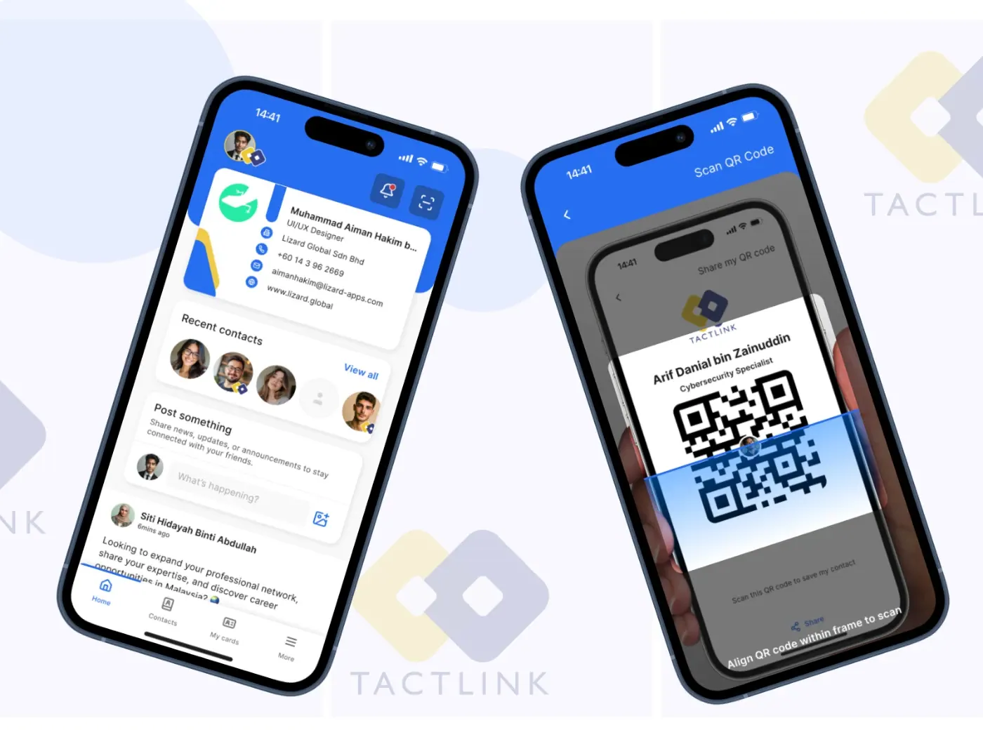 Two phones showing the TactLink app, one with a member feed and one with a scannable digital namecard