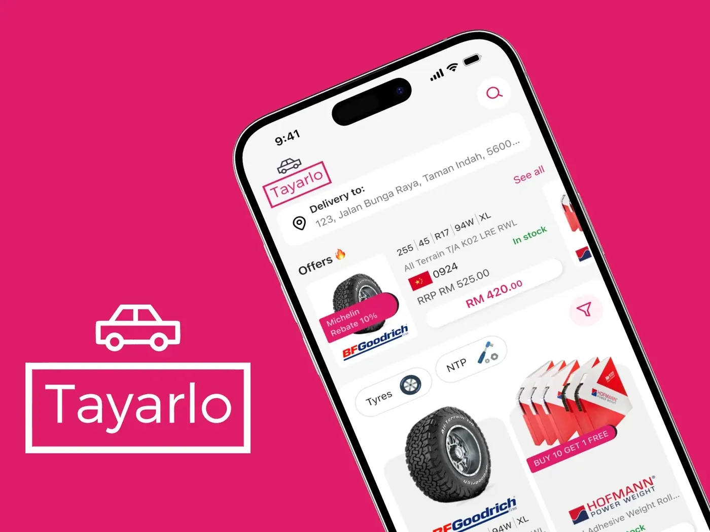 The Tayarlo app on a phone beside the Tayarlo logo, showing a tyre catalogue with prices and stock